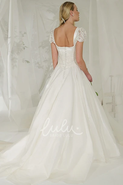Lace Cap-Sleeve Tulle Wedding Dress with Court Train Elegant A-Line Style
