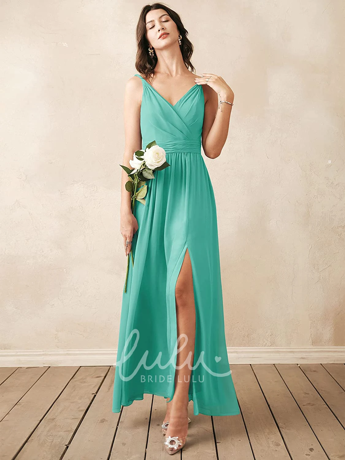 Sleeveless V-neck Chiffon A-line Bridesmaid Dress with Ruching Romantic
