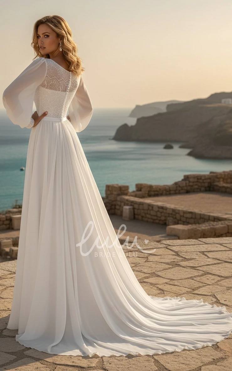Casual Modest Rustic Long Sleeve A-Line Bateau Neck Spring Wedding Dress Gowns with Train