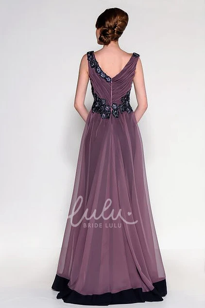 Beaded Satin and Tulle Floor-Length Prom Dress with Ruched V-Neck