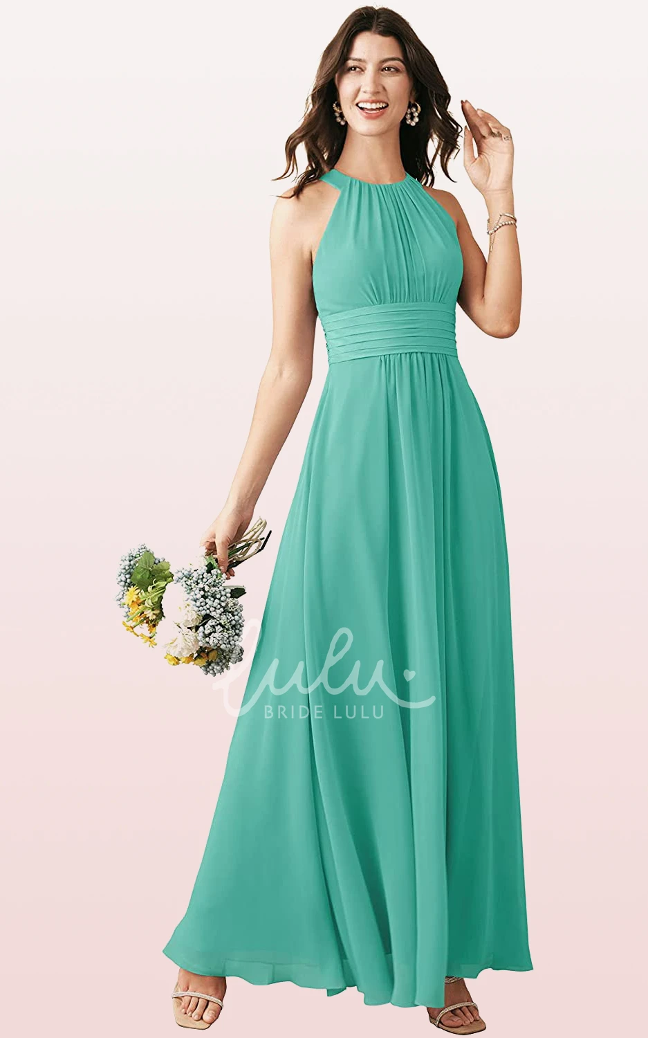 Halter Chiffon Ankle-Length A-Line Bridesmaid Dress with Ruching Boho & Beachy