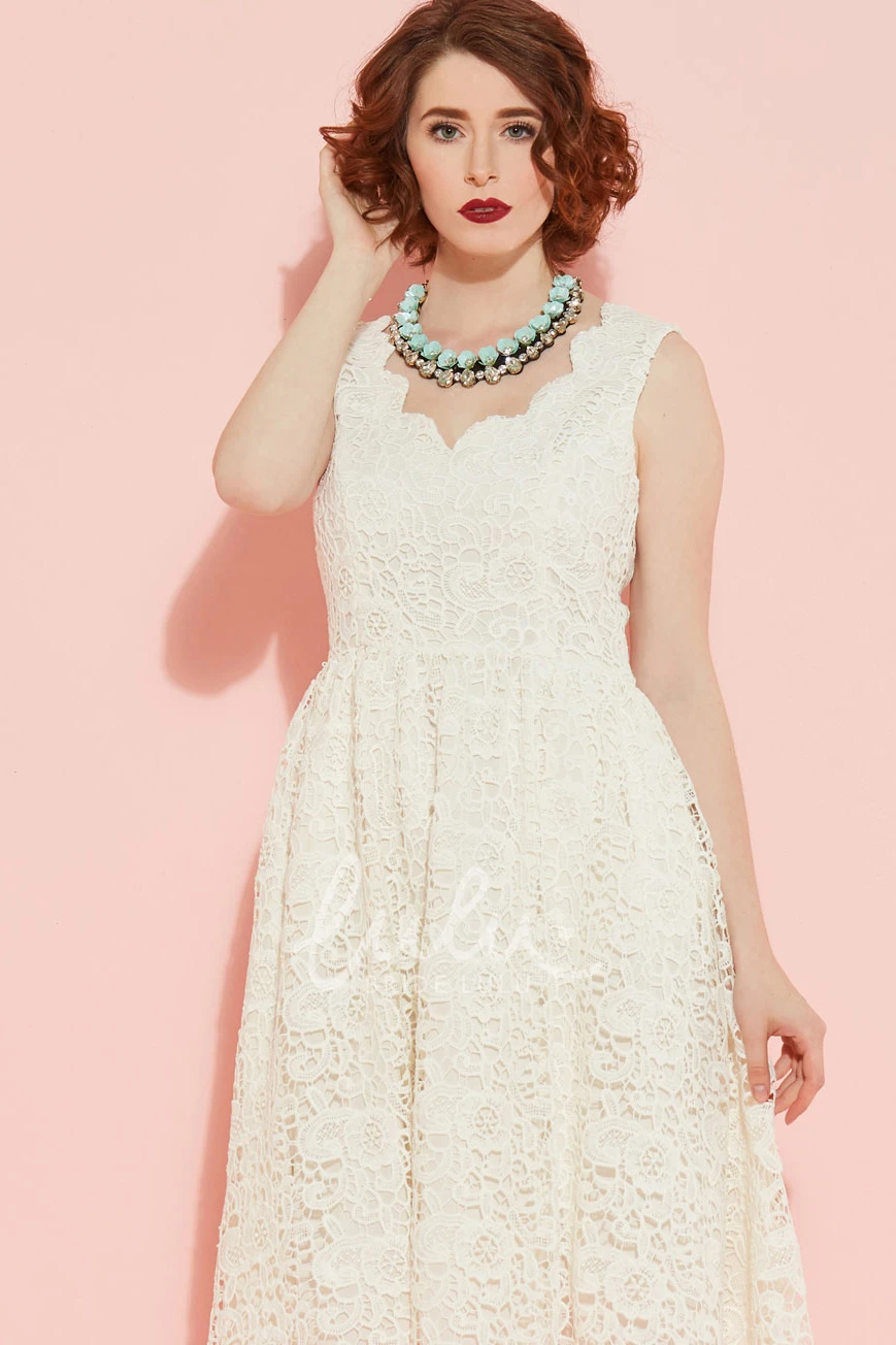 Lace V-Neck Wedding Dress with V Back Knee-Length Sleeveless