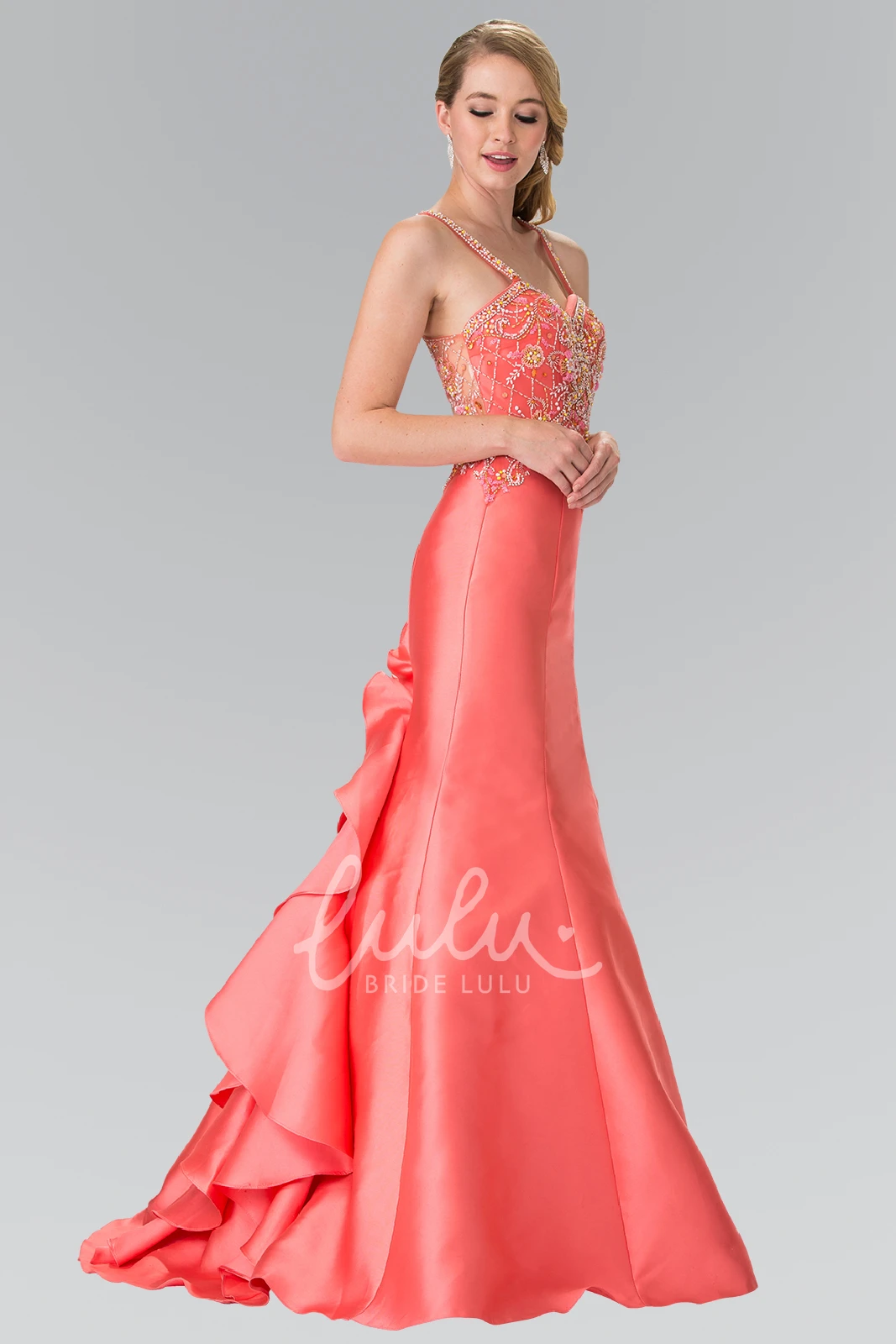 Satin Spaghetti Sheath Formal Dress with Beading and Ruffles