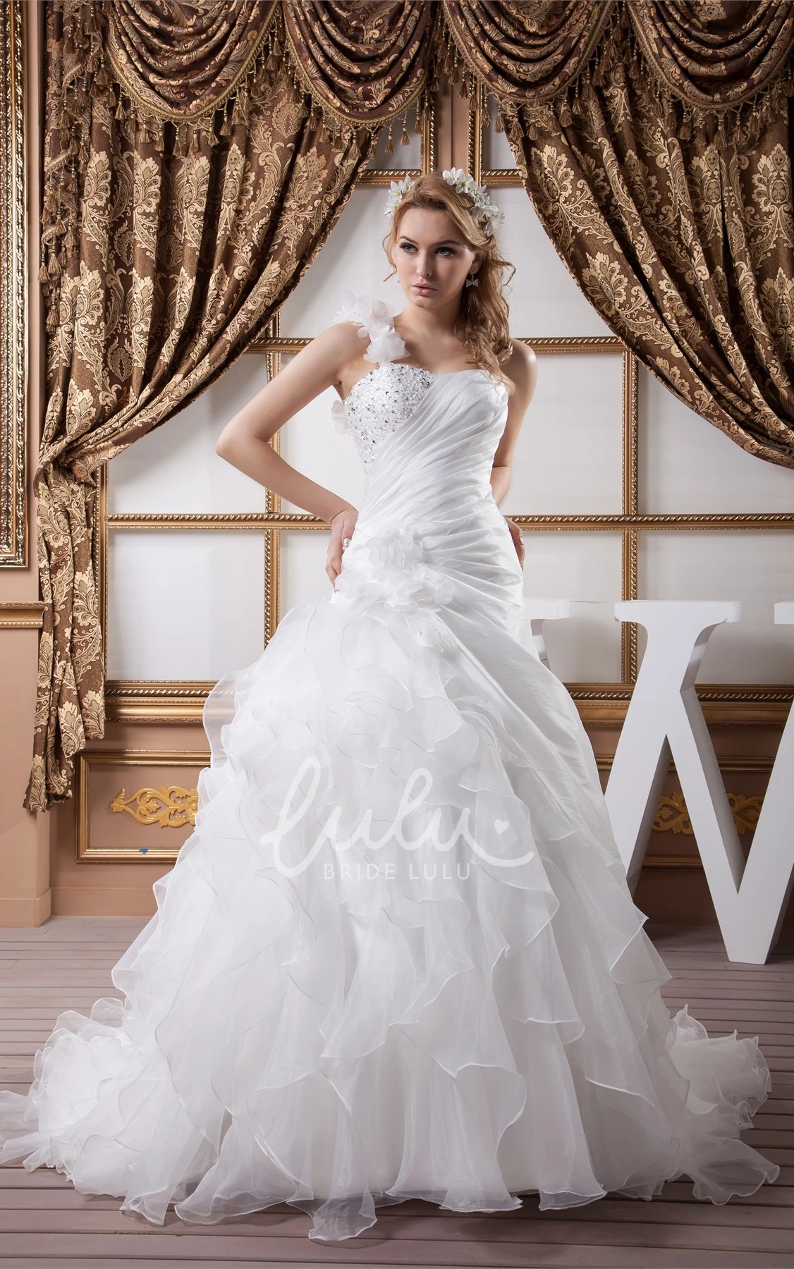 Organza Ball Gown Wedding Dress with Beading and Ruffles Flowy Wedding Dress Women