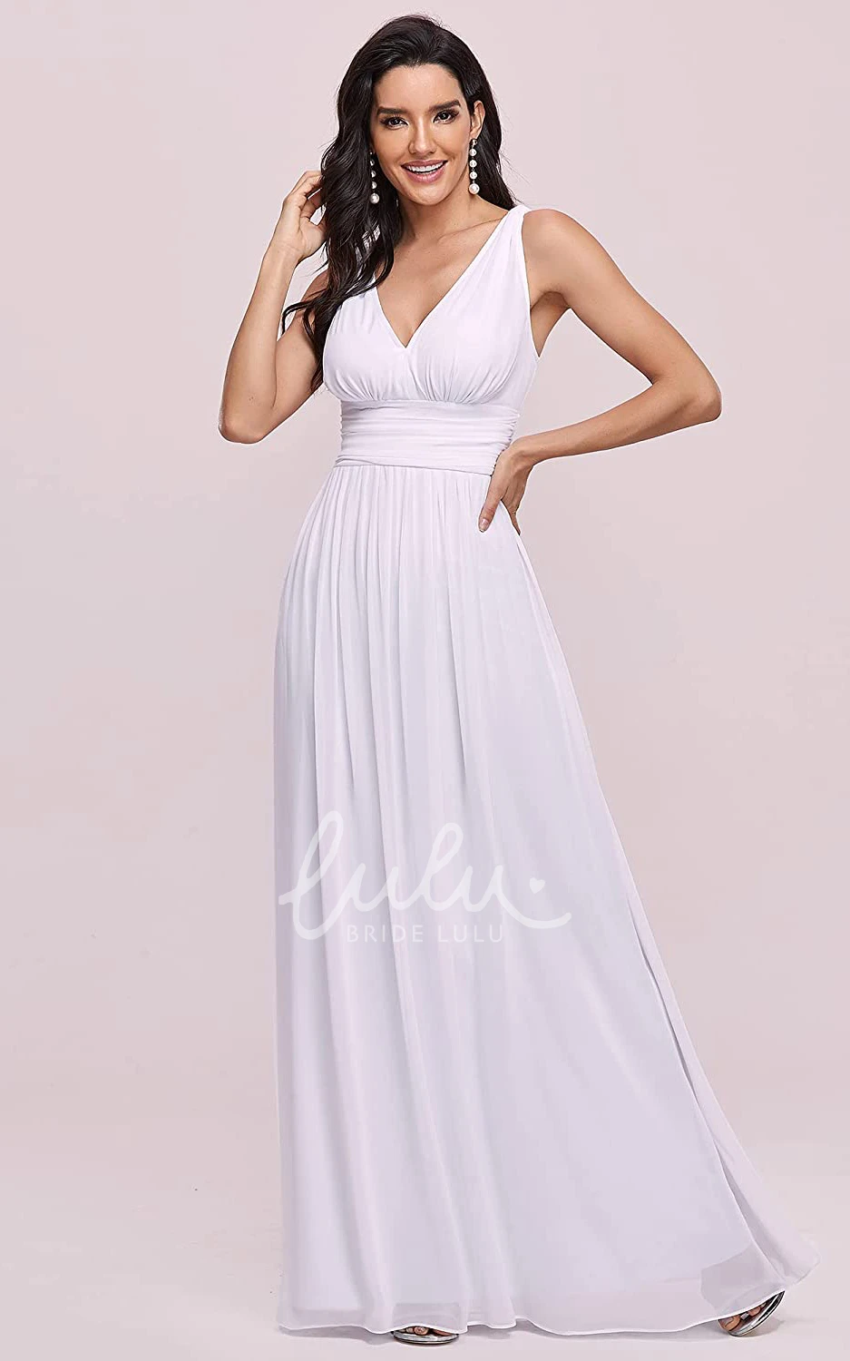 Romantic Chiffon V-neck A-line Prom Dress with Ruffles and Sleeveless Bridesmaid Dress