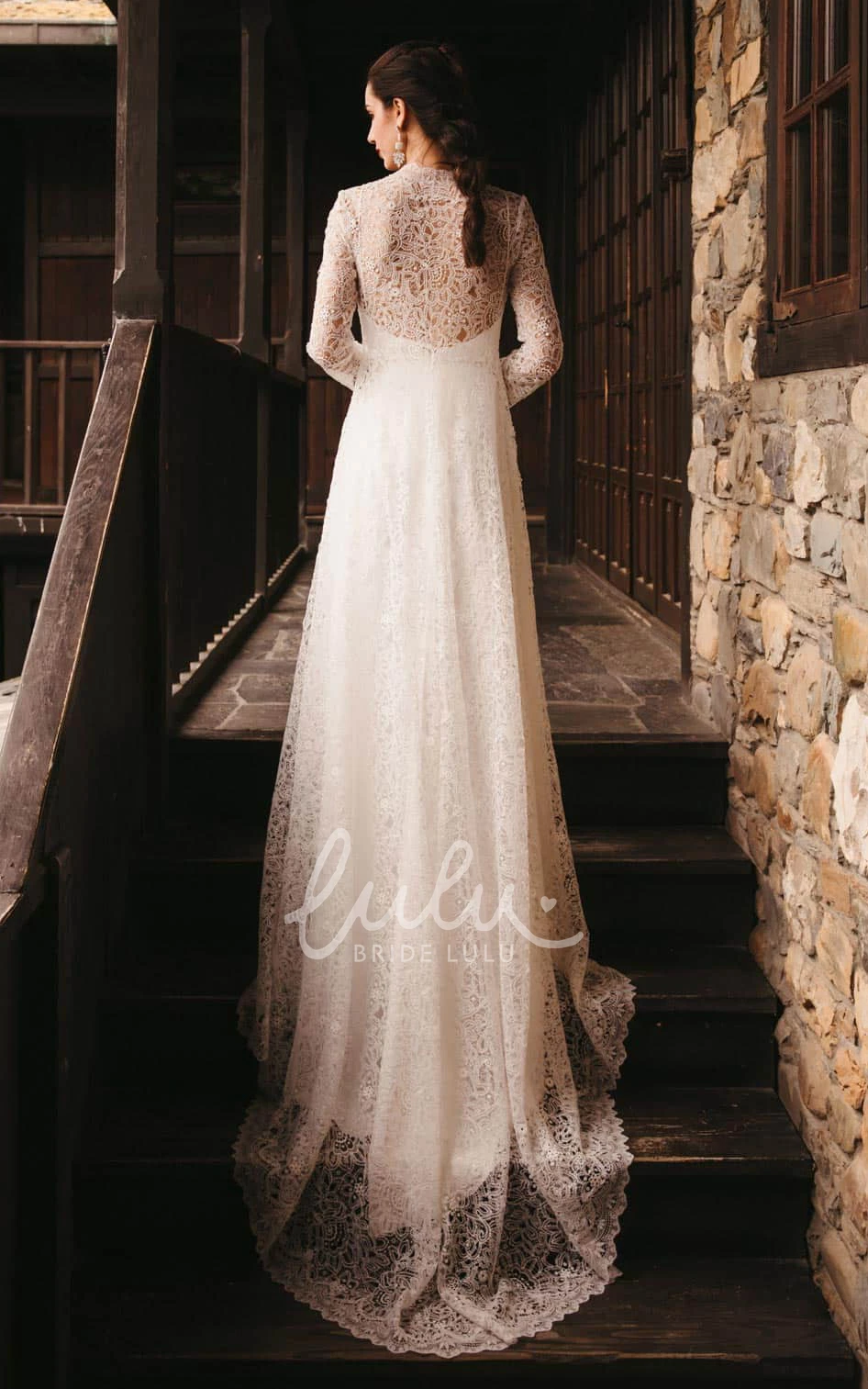 Lace Applique V-neck A-Line Bohemian Wedding Dress with Illusion Country Style