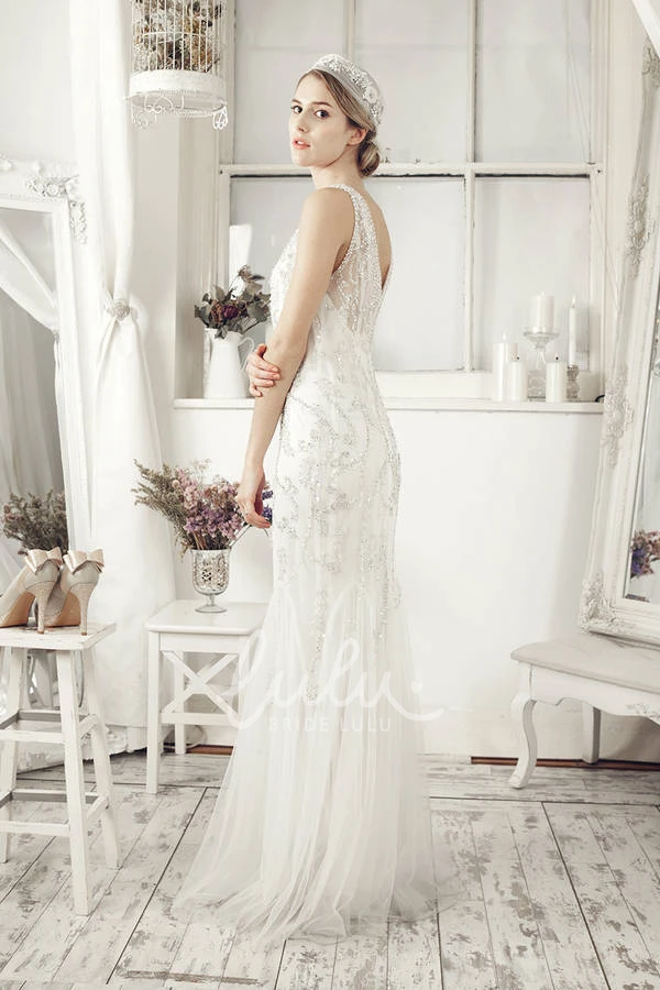 Sleeveless V-Neck Tulle Beaded Wedding Dress