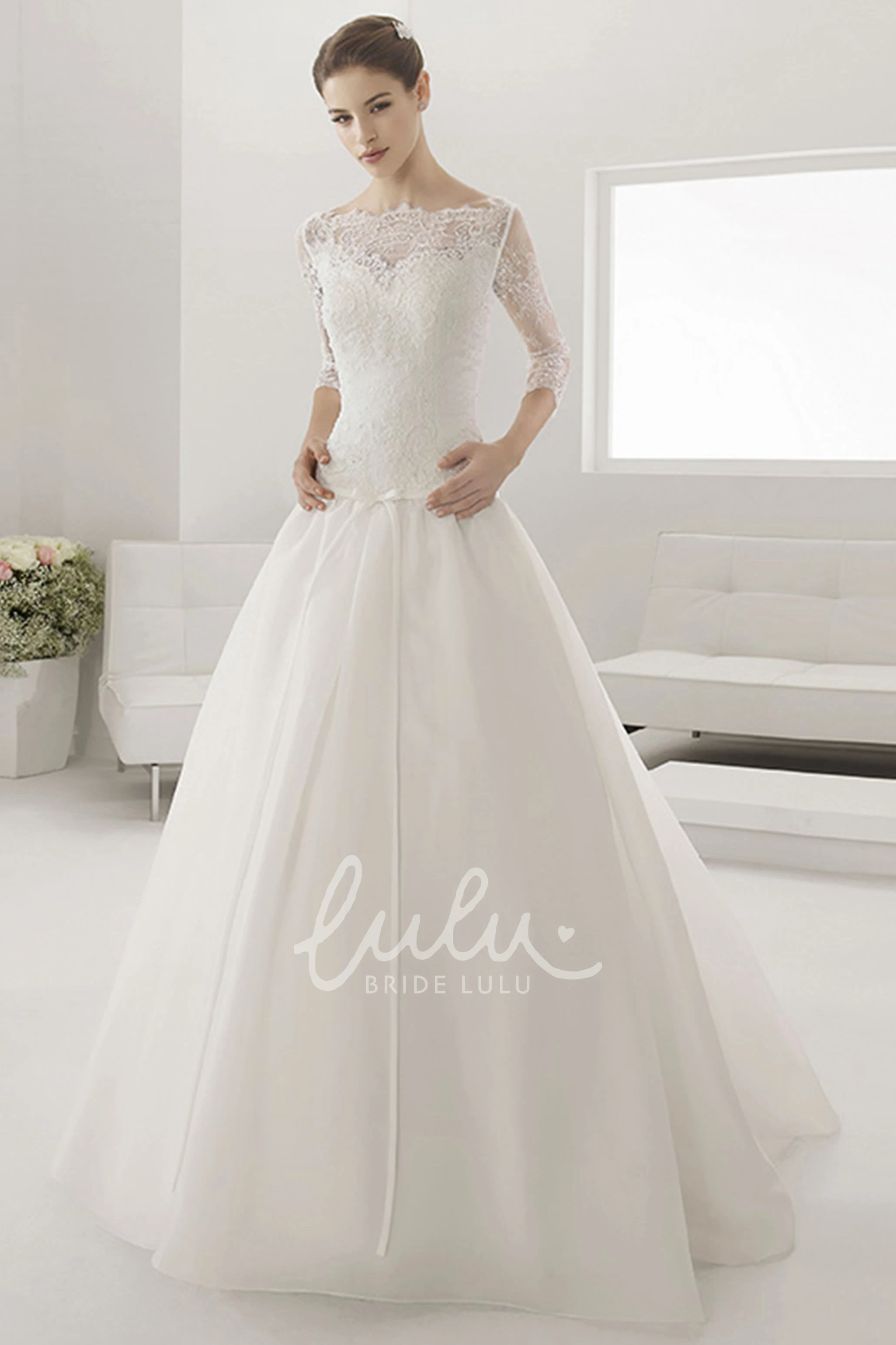 Bateau Ball Gown with Illusion Neckline Sash and 3-4 Sleeves