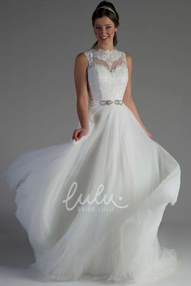 Lace Top Beaded A-Line Tulle Wedding Dress with Scalloped High Neck