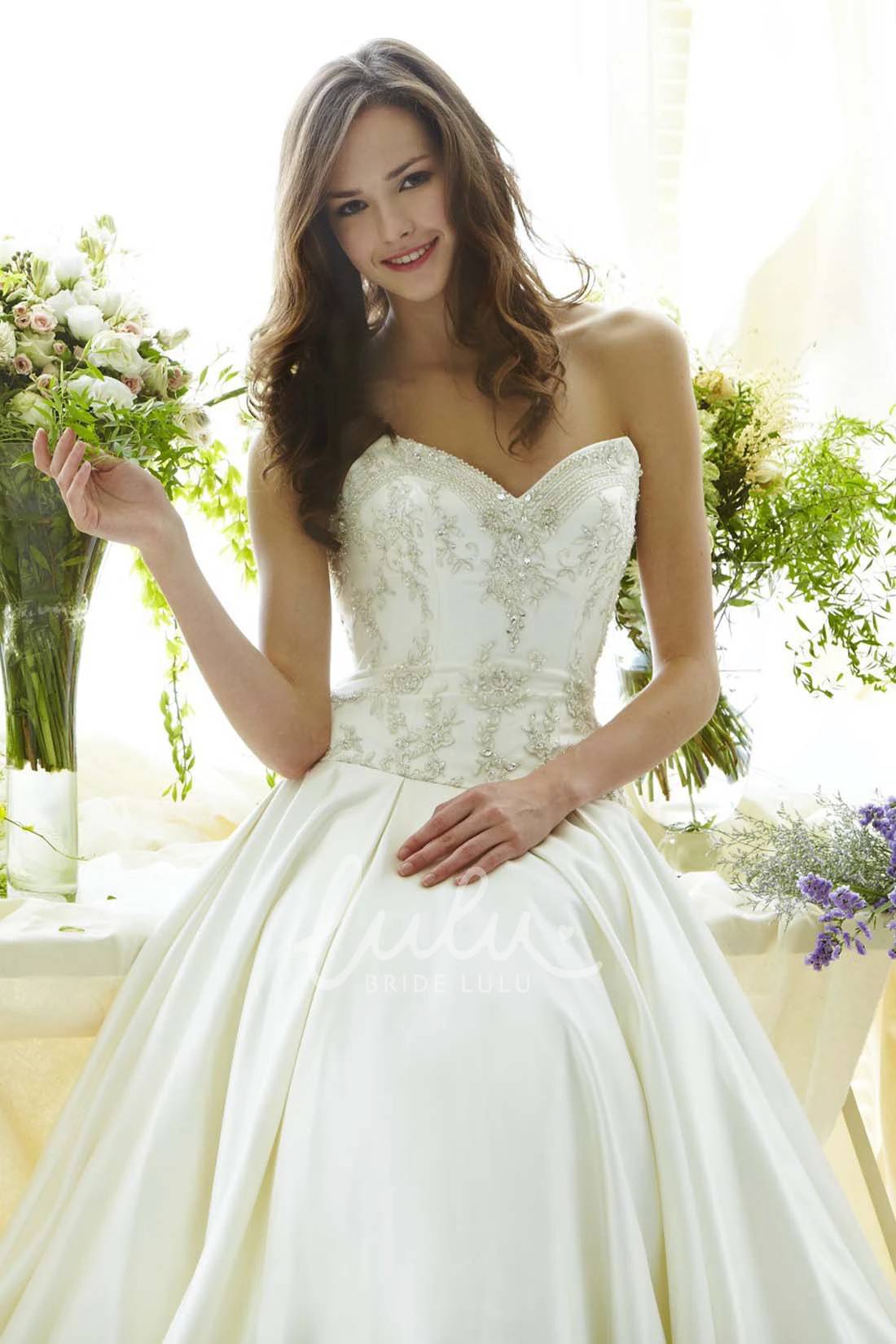 Sweetheart Beaded Satin Wedding Dress with Brush Train Classic Bridal Gown