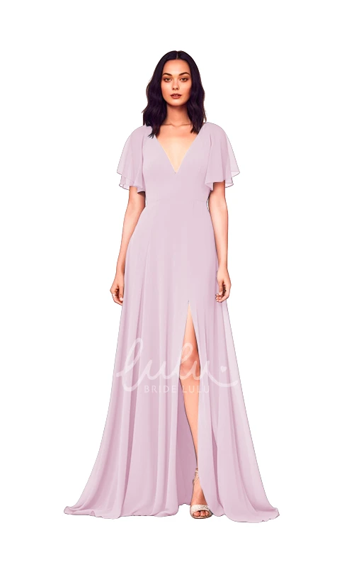 Modest A-Line Chiffon V-neck Bridesmaid Dress with Split Front Simple Wedding Dress