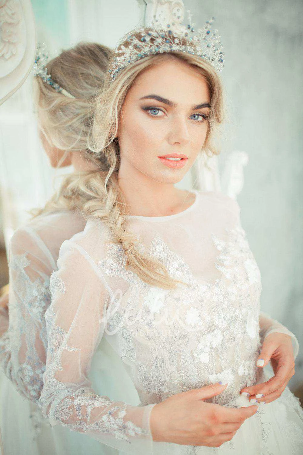 A-Line Tulle Satin Wedding Dress with Lace-Up Corset Back Floral Embroidered Country