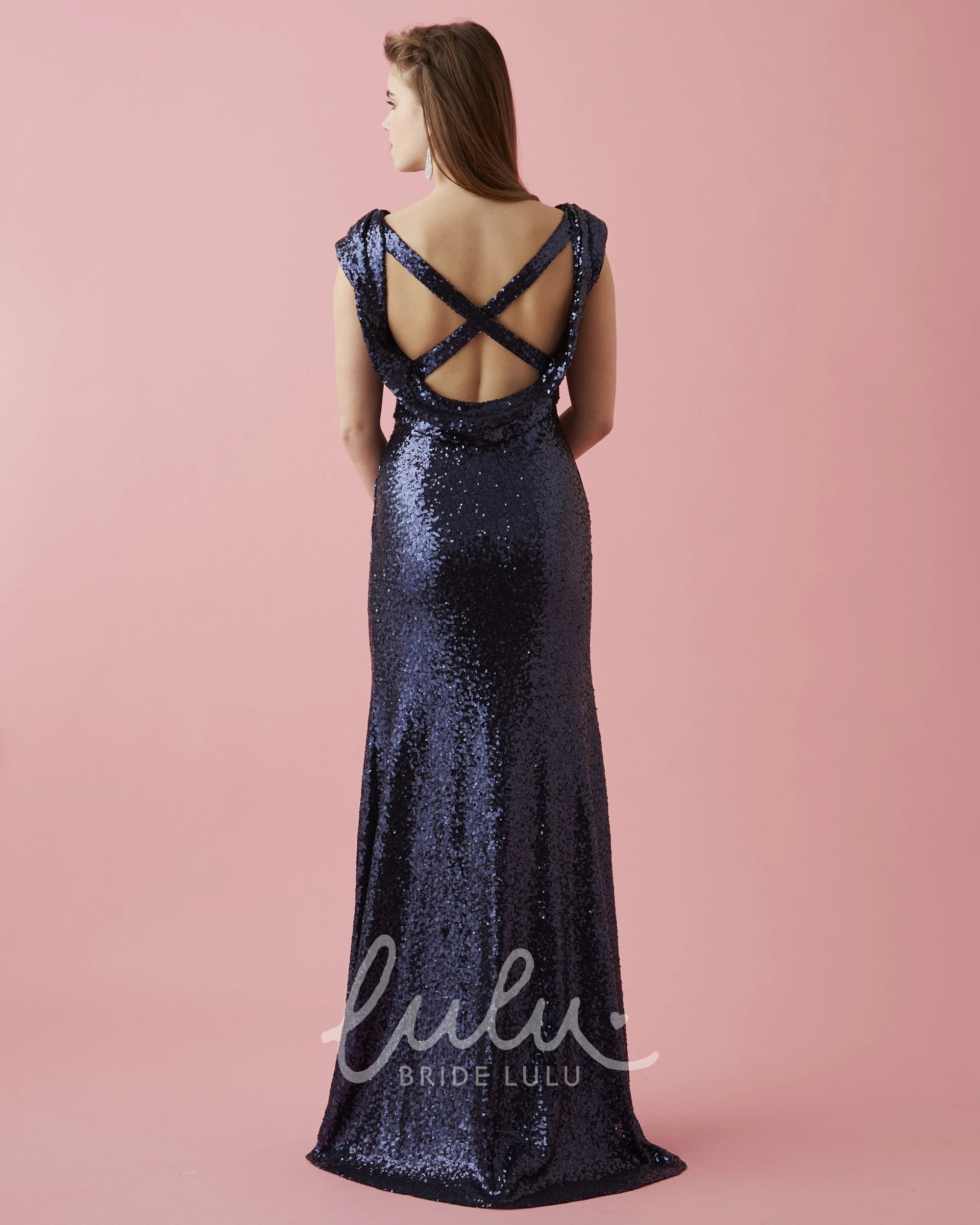 Sequin Sheath Long V-Neck Cap-Sleeve Prom Dress with Split Front