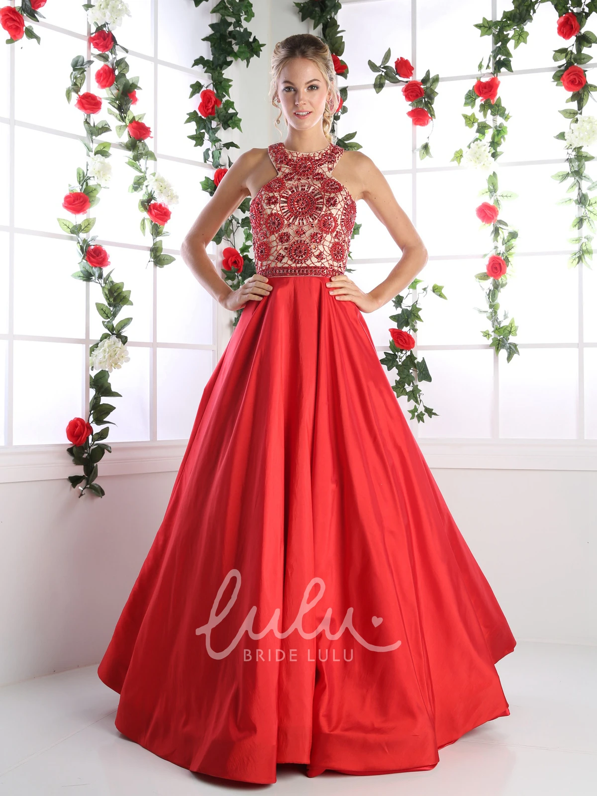 Long Sleeveless A-Line Satin Jewel-Neck Bridesmaid Dress with Beading