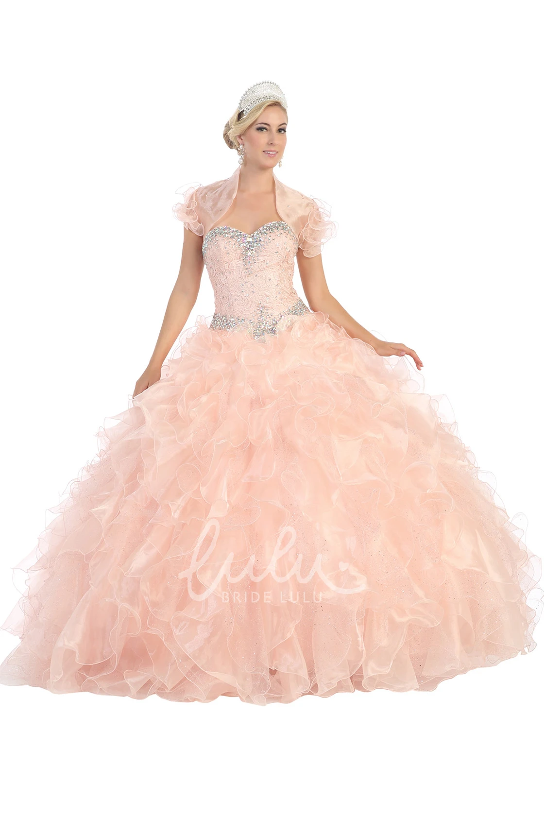 Beaded Ruffled Ball Gown Dress Sweetheart Organza Lace-Up