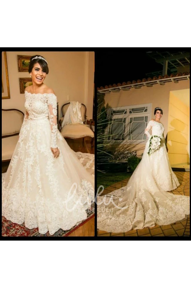 Off-the-shoulder Lace Tulle Wedding Dress Ball Gown Style