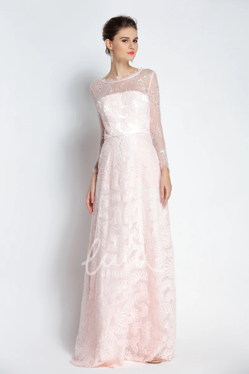 Bateau Scalloped Lace A-Line Prom Dress with Beading and Pockets Long Sleeve