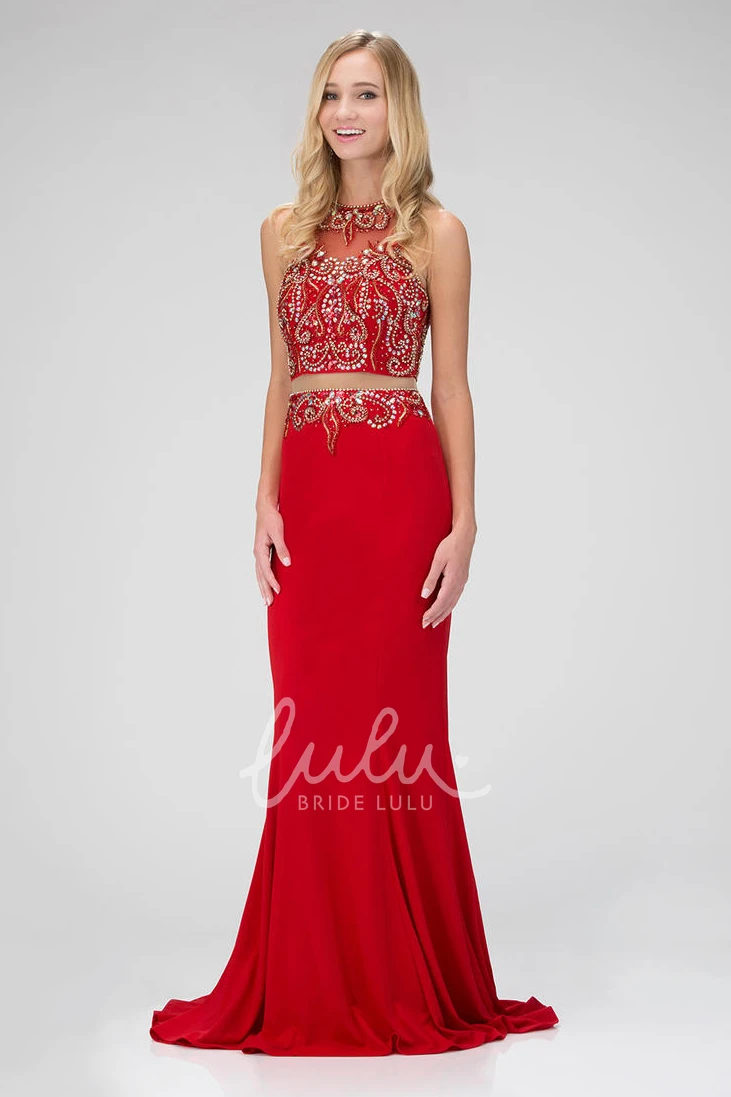 Two-Piece Sleeveless Jersey Formal Dress with Beading Sheath Long Scoop-Neck