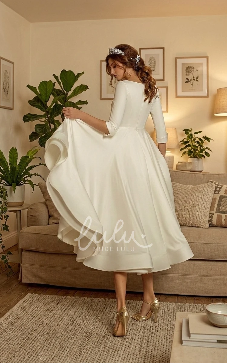 Simple Casual A-Line Long Sleeve V-neck Modest Tea-length Spring Wedding Dress Gowns