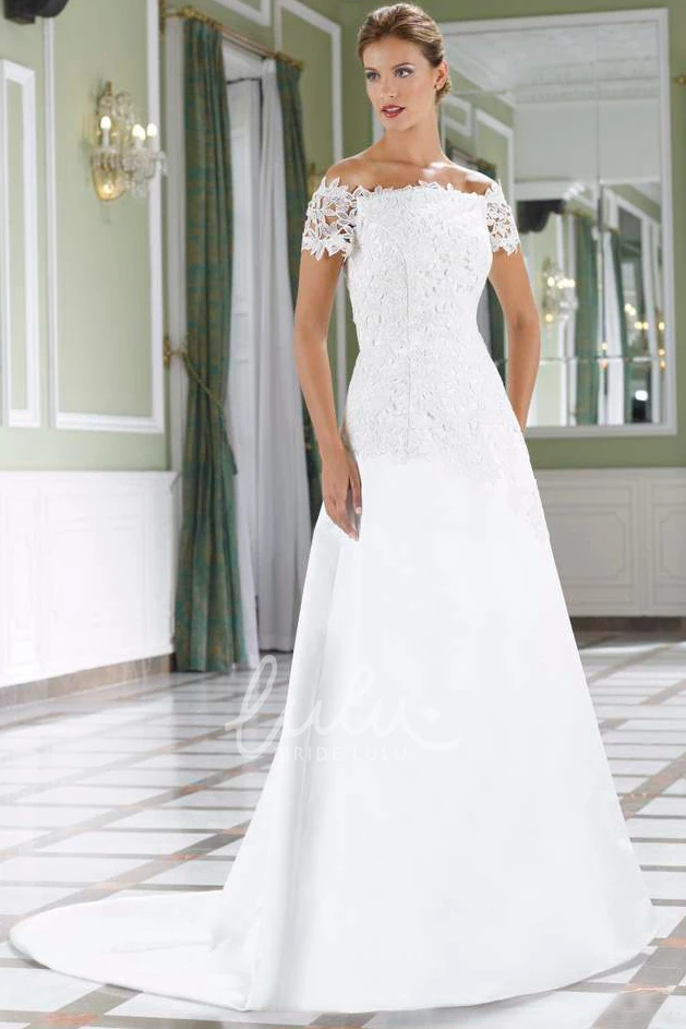 Off-The-Shoulder Lace A-Line Wedding Dress with Floor-Length Satin Skirt Boho Wedding Dress