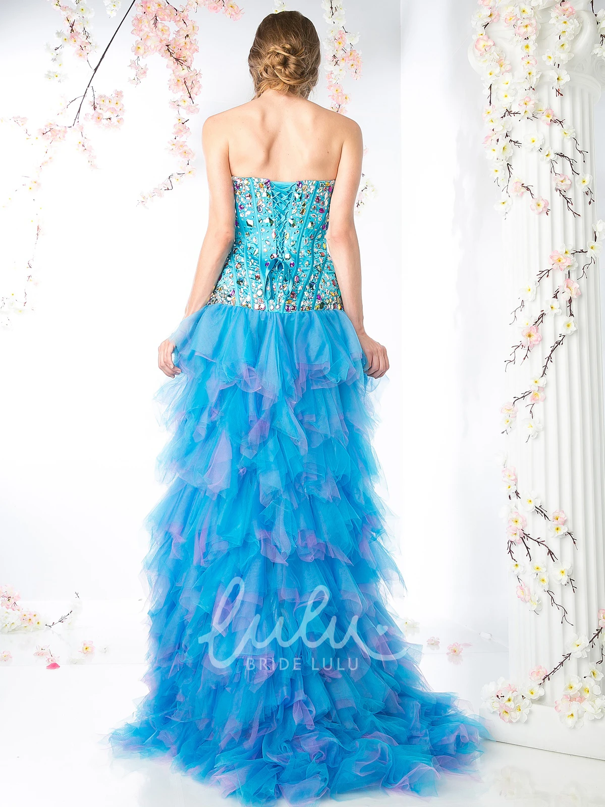 High-Low Tulle Corset Back Formal Dress with Beading and Tiers