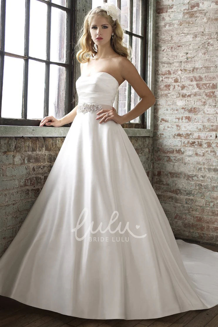 Strapless Satin Wedding Dress with Jeweled Court Train Floor-Length Bridal Gown