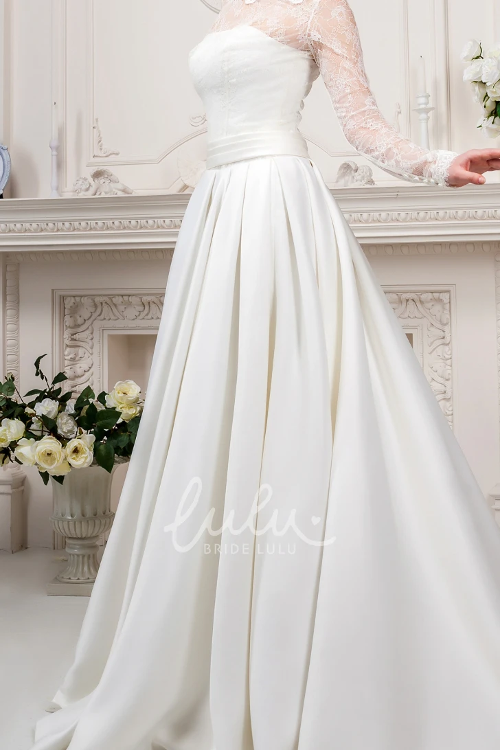 Satin&Lace Long-Sleeve Wedding Dress A-Line High Neck