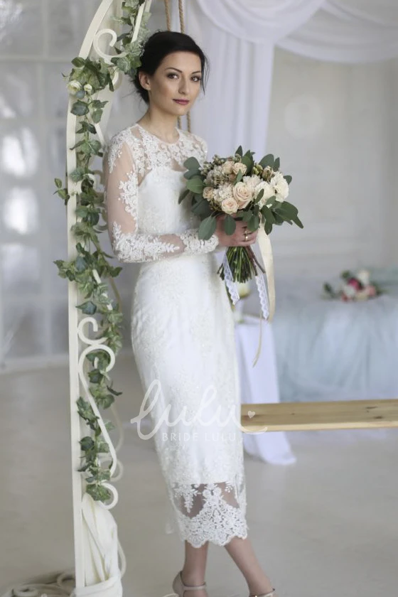 Sheath Ankle-length Wedding Dress with Illusion Lace Applique Illusion Lace Appliqued Split Sheath Wedding Dress
