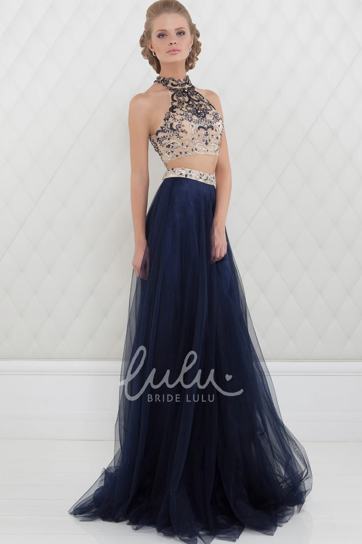 Maxi Tulle Prom Dress with High-Neck Beaded Sleeveless A-Line and Elegant Waist Jewellery