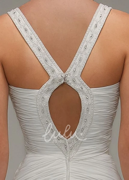 V-Neck Beaded Chiffon Wedding Dress with Ruching and Keyhole Flowy Wedding Dress