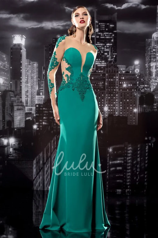Jersey Sheath Illusion Dress with Jewel-Neck and Long Sleeves