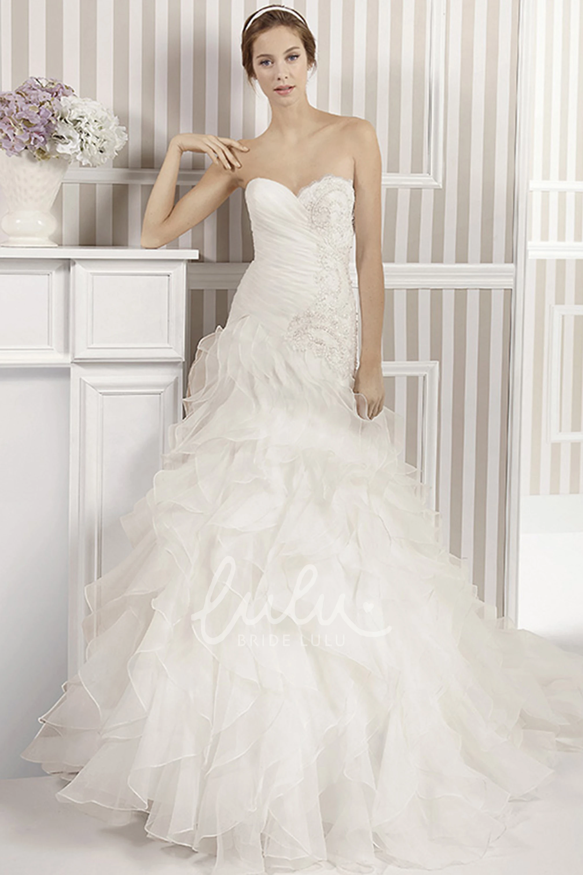 A-Line Organza Wedding Dress with Cascading Ruffles and Beading
