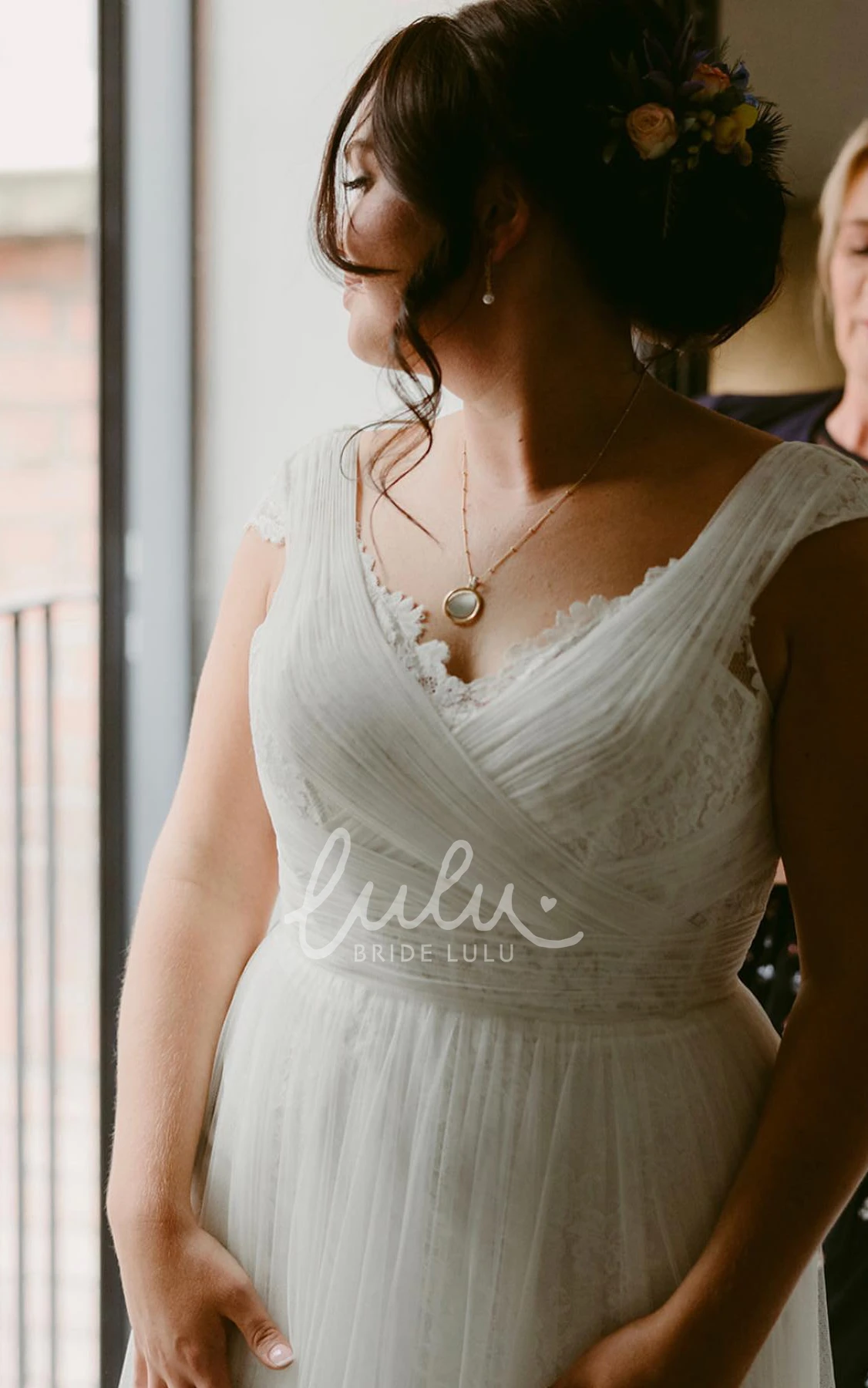 A-Line Lace Court Wedding Dress with V-Neck and Sweep Train Romantic