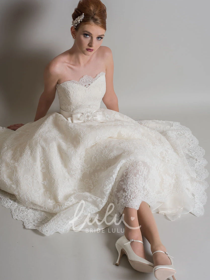 Lace Strapless Ankle-Length A-Line Wedding Dress with Bow Elegant Bridal Gown