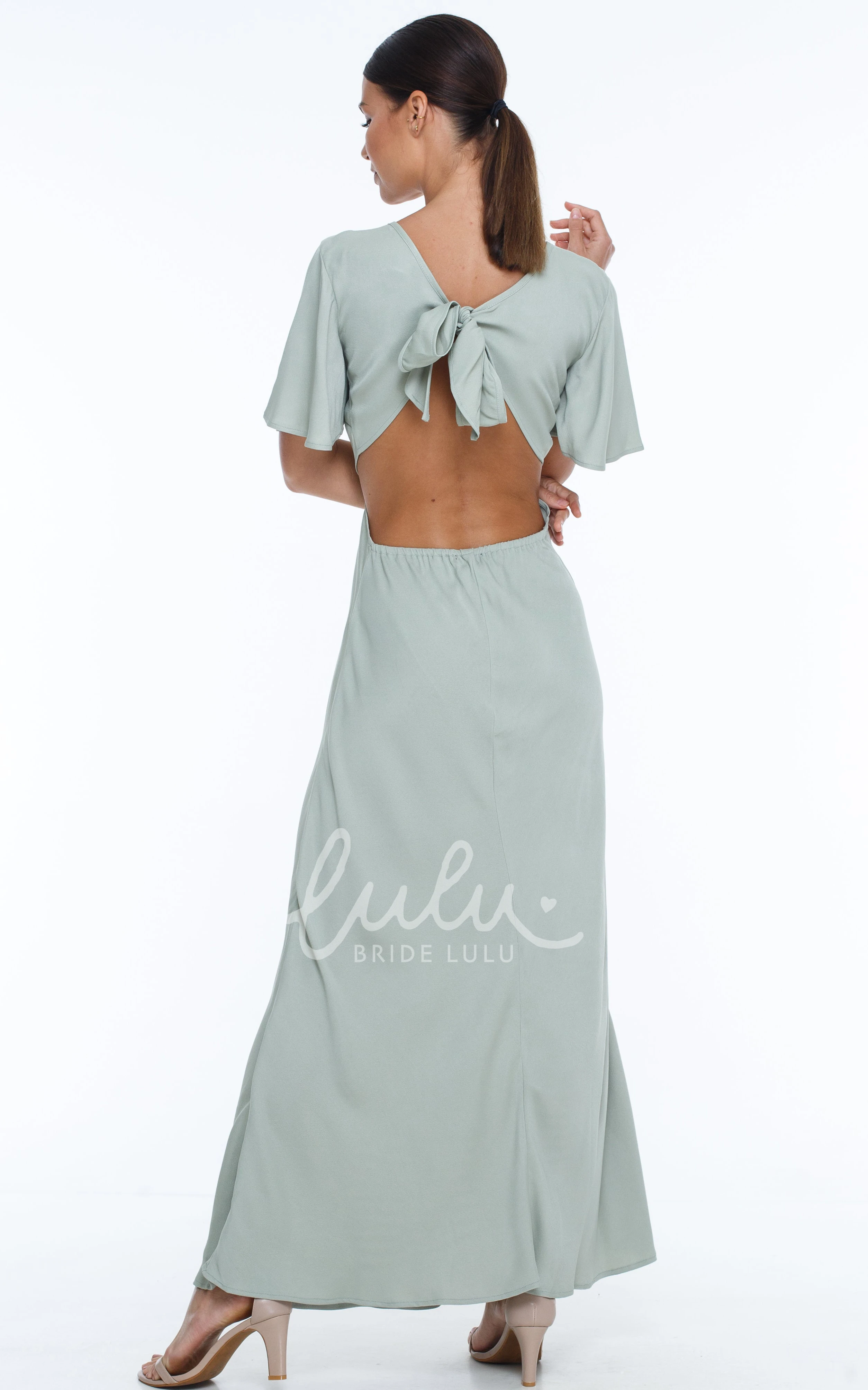 Elegant Chiffon V-neck Bridesmaid Dress with Open Back and Bow Casual Bridesmaid Dress