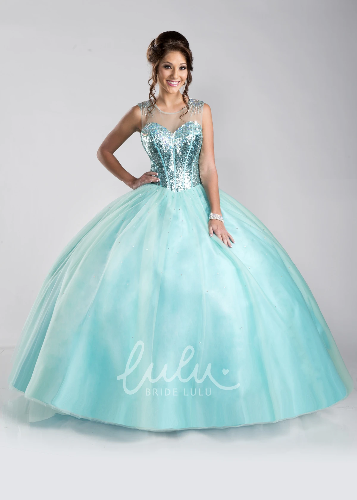 Sequined Bodice Tulle A-Line Prom Dress with Keyhole Back