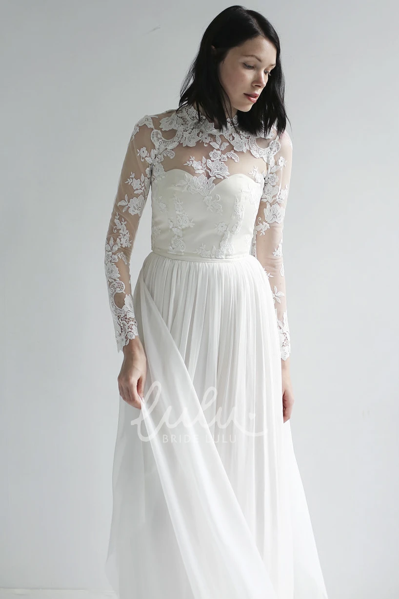 Vintage High Neck Lace Chiffon Wedding Dress with Long Sleeves