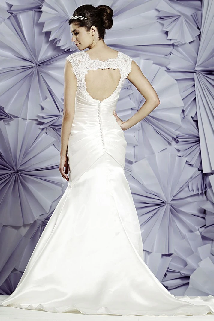 Lace Mermaid Wedding Dress with Ruching Stretch Satin Queen Anne Neckline