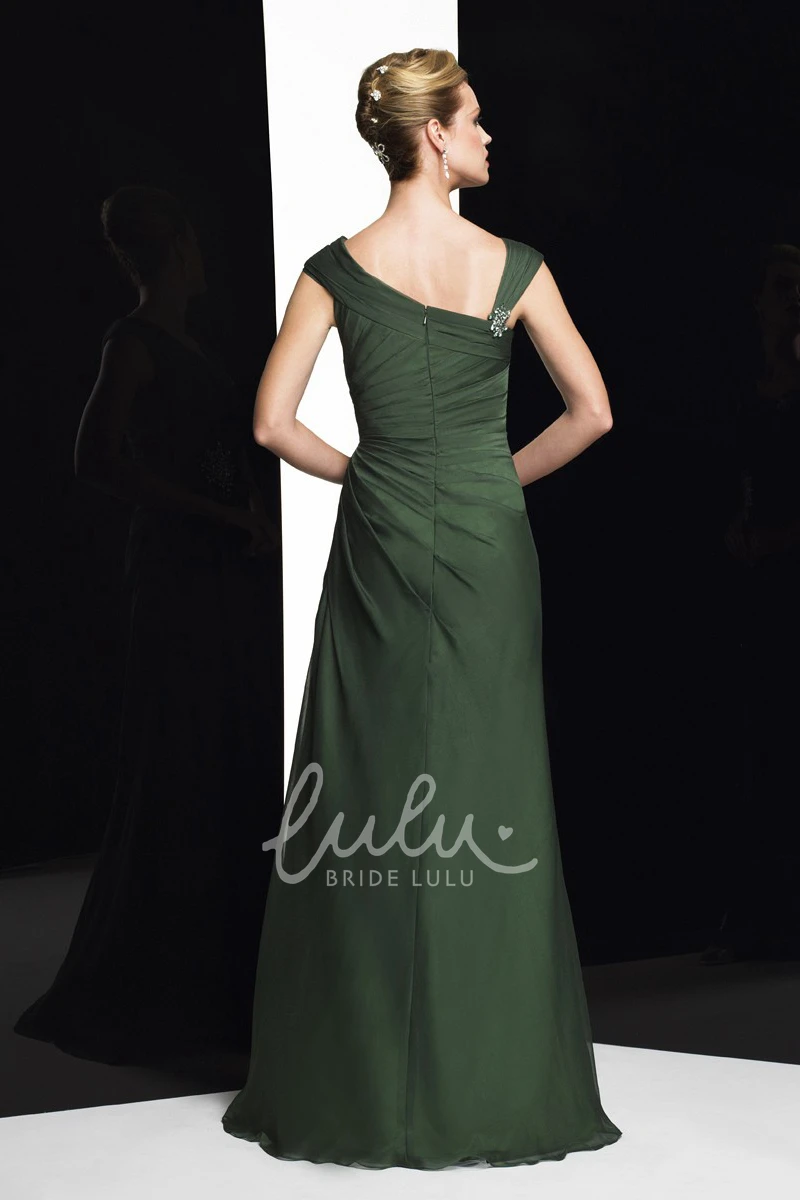 Maxi Chiffon Formal Dress with Draping Sheath Cap-Sleeve Broach