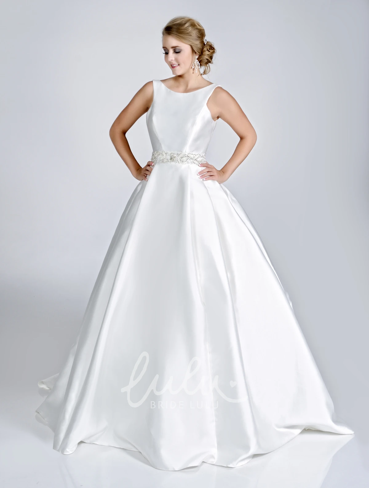 Satin Ball Gown with Rhinestones Sleeveless Bateau Neck Wedding Dress