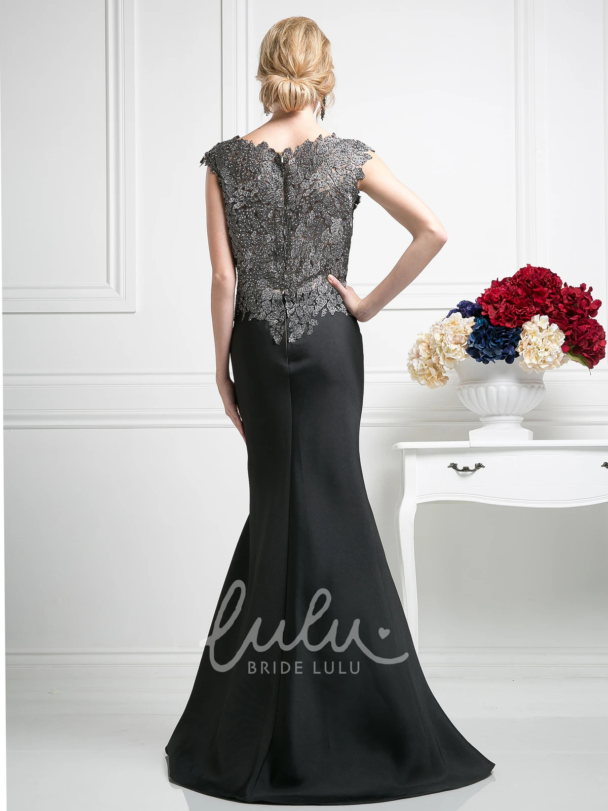 Sequin Beaded Mermaid Satin Formal Dress with Cap Sleeves