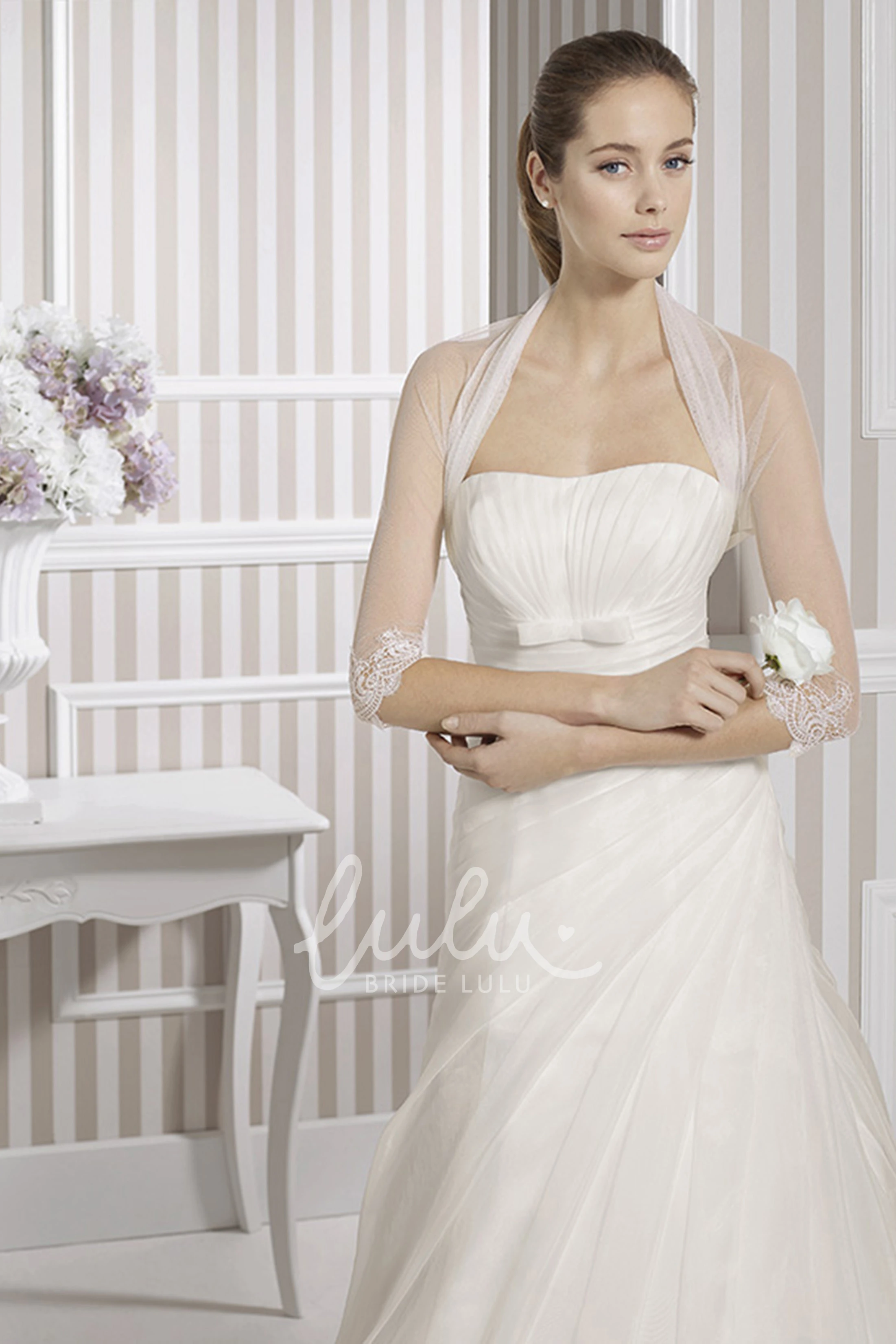 Tulle Cape A-Line Wedding Dress with Side-Draping & Strapless Sleeves