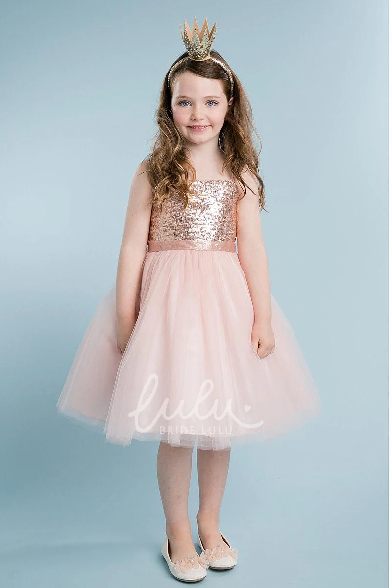 Midi Tulle&Sequins Flower Girl Dress Spaghetti Modern Dress