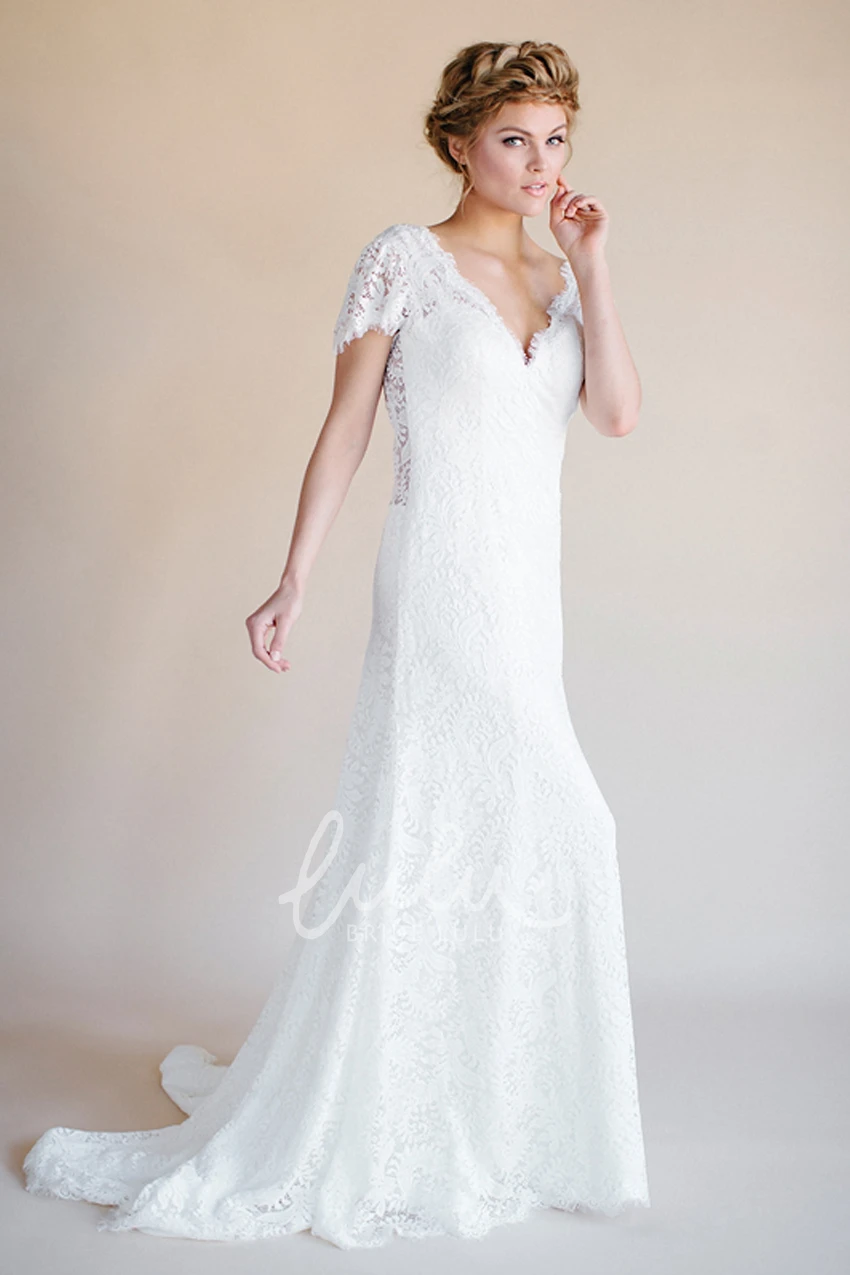 Backless V-Neck Lace Short-Sleeve Wedding Dress