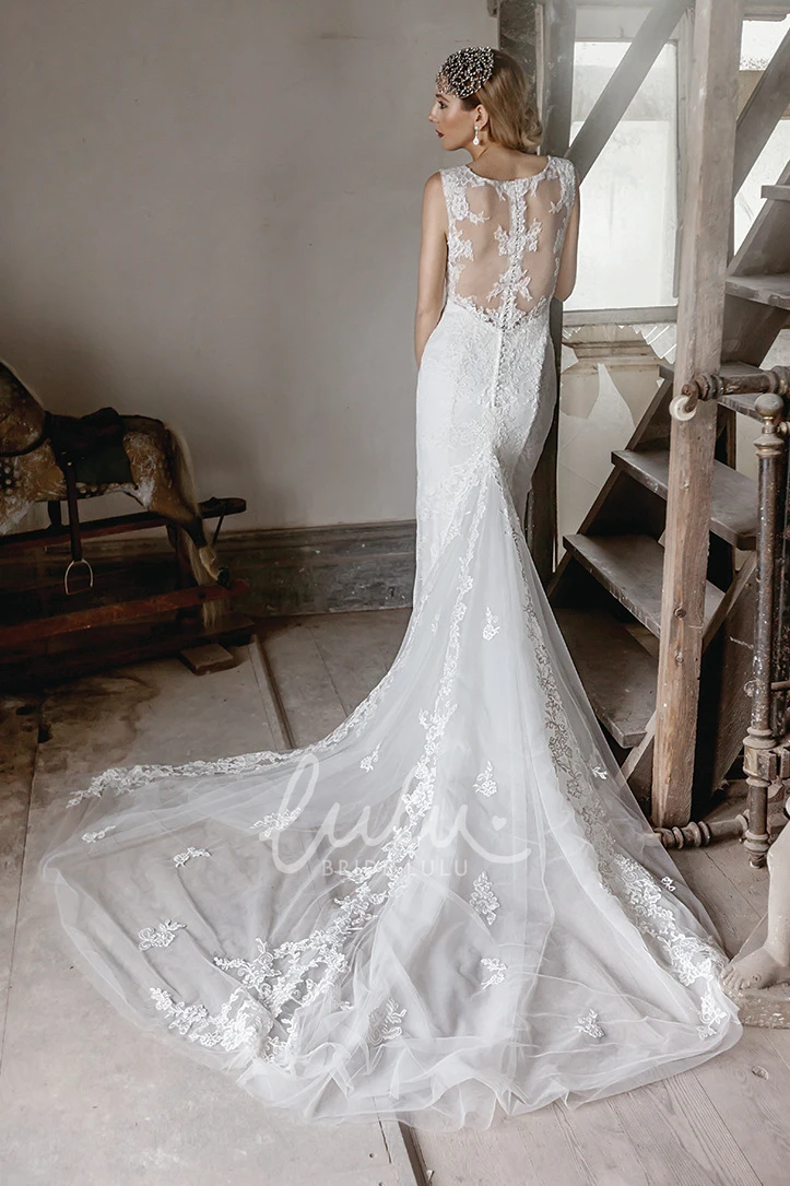 Lace V-Neck Wedding Dress with Chapel Train and Illusion Elegant Maxi Bridal Gown