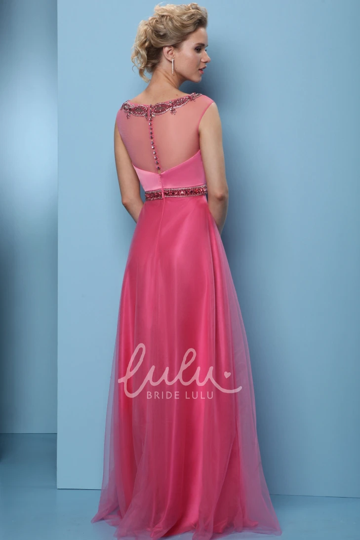 Long A-Line Prom Dress with Scoop-Neck Beaded Tulle & Satin and Waist Jewellery