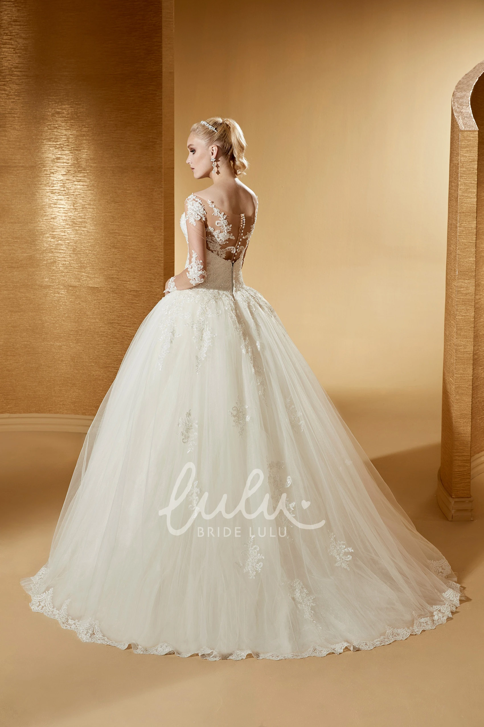 Long-Sleeve Ball Gown with Illusive Design and Lace Bodice Modern and Sophisticated