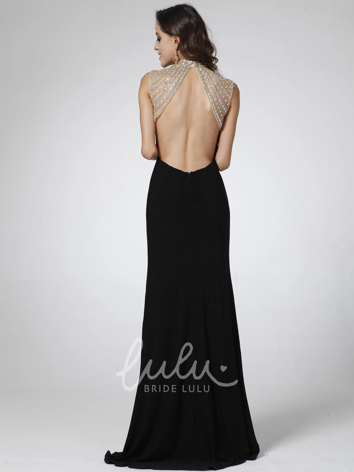 High Neck Backless Beaded Sheath Formal Dress