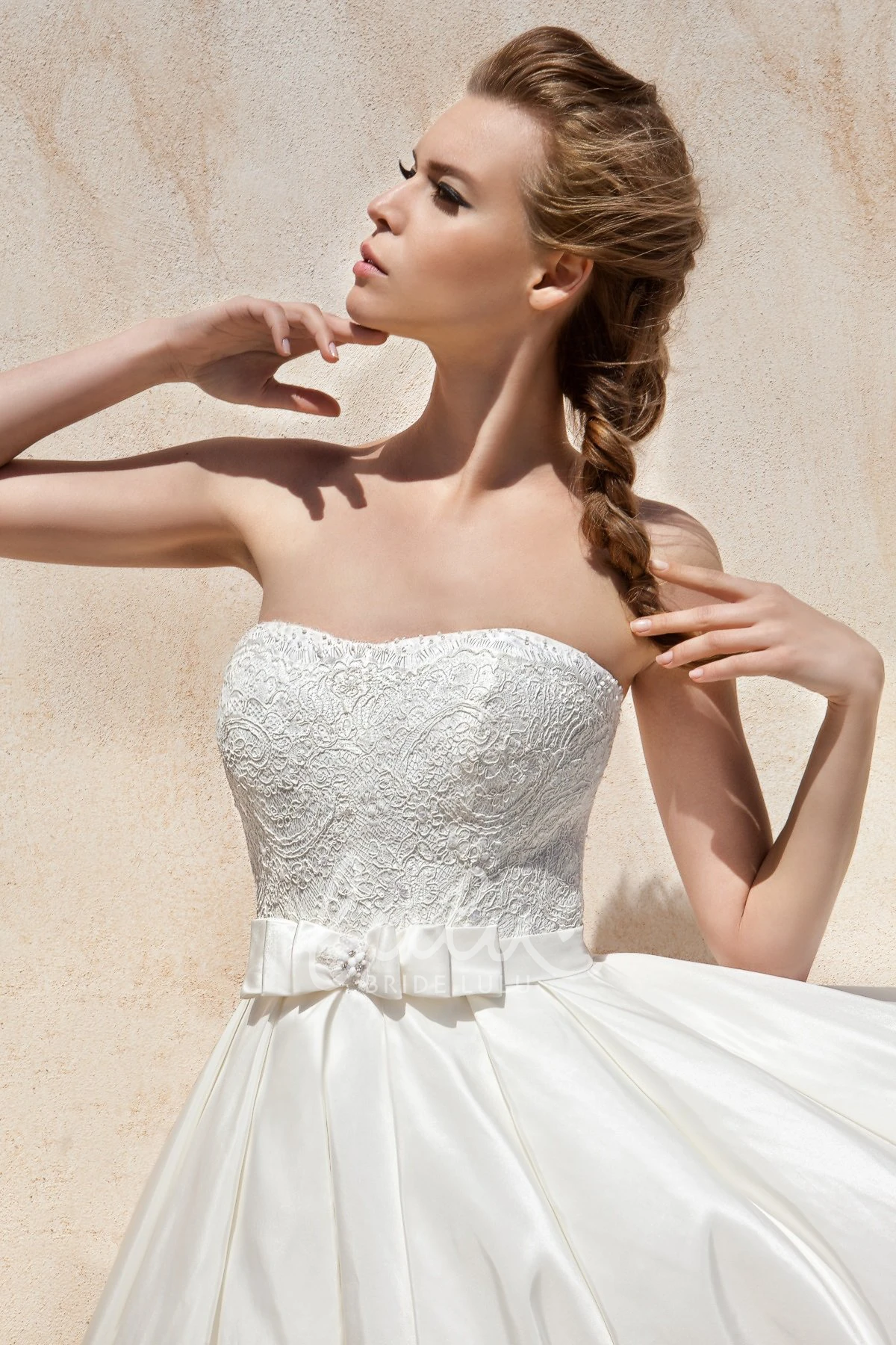 Strapless Satin Ball Gown Wedding Dress with Bowed Sleeves Elegant Bridal Gown