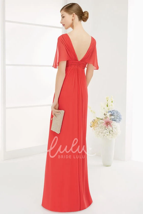 Empire Waist Chiffon Prom Dress with V-Neck and V-Back Flowy Long Dress